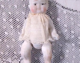 Antique Frozen Charlotte Baby Boy Penny Doll Jointed Arms And Legs Bisque Japan