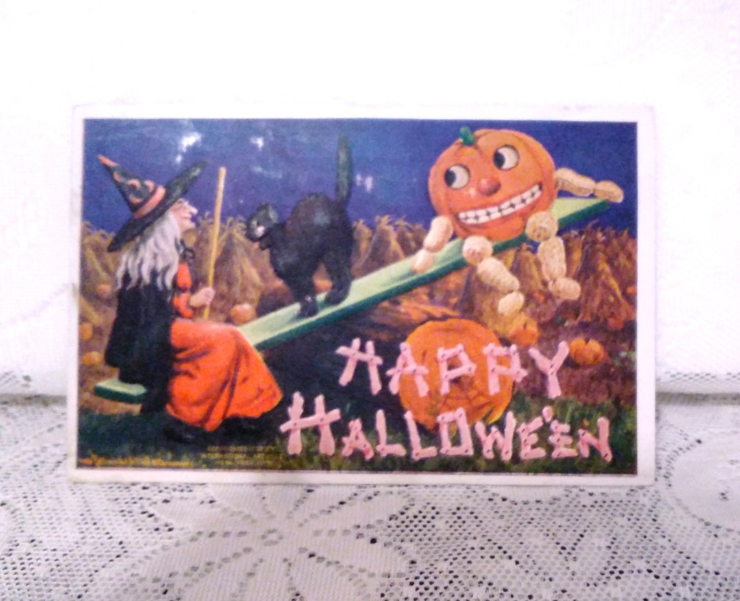 Vintage Halloween Postcard 1908 Witch Black Cat Anthropomorphic Jack O ...