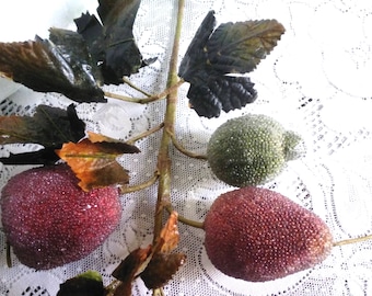 2 Frosted Sugar Beaded Fruit Sprigs Christmas Apples Pears Pomegranates Grapes Vintage