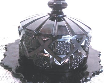 Butter Cheese Dish Amethyst Glass Old Quilt Pattern Westmorland Vintage