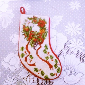 Christmas Stocking Wool Needlepoint Mini 10&quot; Vintage