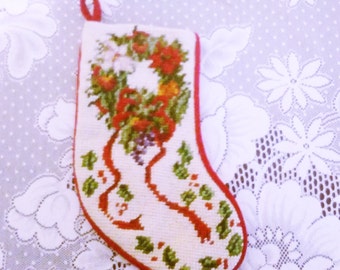 Needlepoint Wool Christmas Stocking Mini Kids Baby Pets Vintage 10"