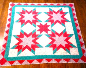 Crochet Afghan Throw Blanket Bedding 8 Point Star 75x75 Vintage Handmade