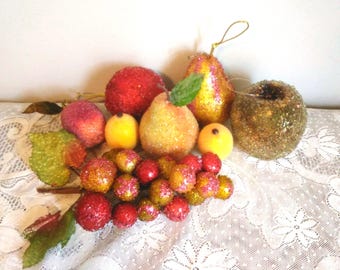 8 Large Frosted Sugar Beaded Grapes Pears Lemons Christmas Fruit Vintage Cottage Core