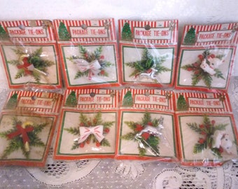 Christmas Tie Ons 8 Packs NOS Vintage 1960s Reindeer Bow Candy Cane Bambi