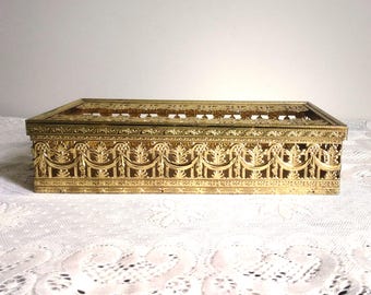 Tissue Box Holder Gold Tone Ornate Filigree Hollywood Regency MCM 1960s