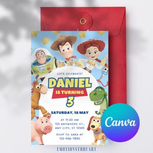 Toy Story Kids Birthday Party CANVA Invitation Template, Toy Story Personalized Invite, Cowboy / Cowgirl Party, Editable Digital Download 02