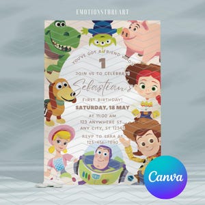 Toy Story Digital Invitation, You've Got a Friend Who's, Neutral Turning One Invite, First Birthday Party Invite, Editable CANVA Template 05