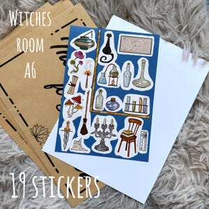 Heksenstickervel | Magische Cottagecore-stickers | Tarot, Heksenhuis, Kruiden, Zwarte kat, Bezem | Spellcraft Journal Stickers