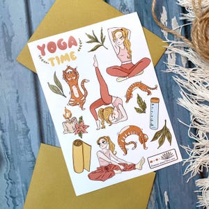 Yoga Time Sticker Sheet | Cute Yoga Girl & Cat Poses – Mindfulness Planner Stickers, Wellness and Self-Care Journal Decor