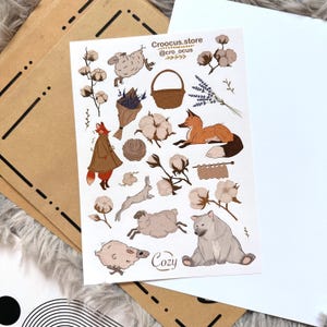 Cozy Cottagecore Animal & Nature Sticker Sheet | Aesthetic Rustic Stickers | Cute Sheep, Fox, Cotton | A6 Matte Vinyl Stickers