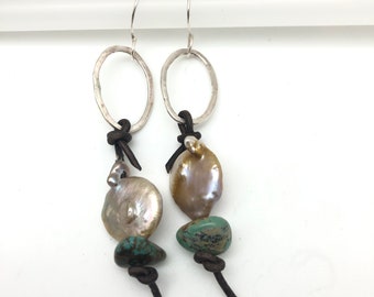 Sterling oval earring with leather and pearl and turquoise