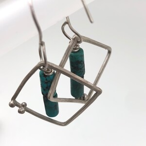Sterling silver square hoop earring with turquoise and tiny dot embellishment image 2