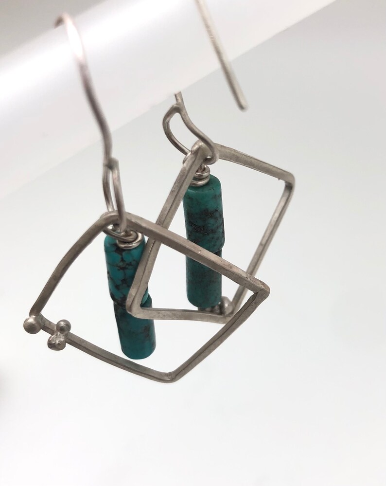 Sterling silver square hoop earring with turquoise and tiny dot embellishment image 2