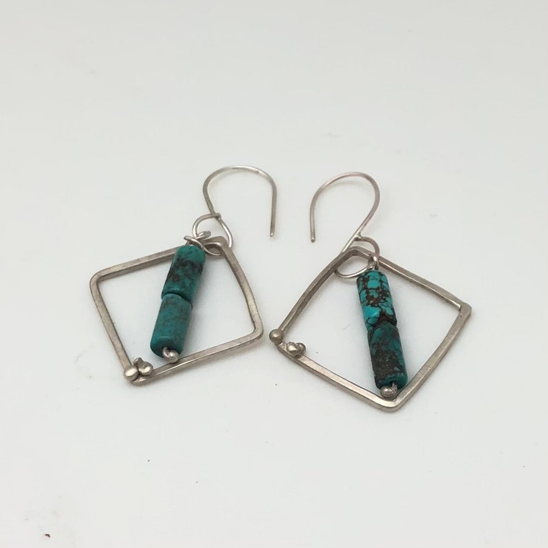 Sterling silver square hoop earring with turquoise and tiny dot embellishment image 3