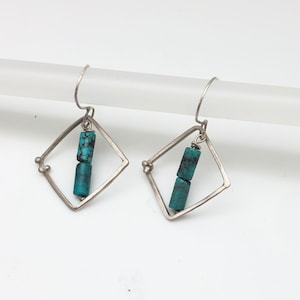 Sterling silver square hoop earring with turquoise and tiny dot embellishment image 1