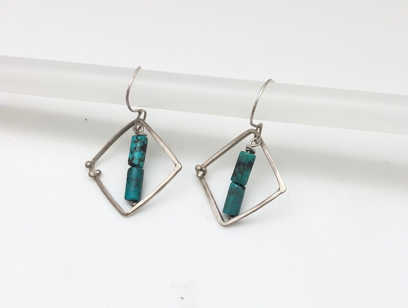 Sterling silver square hoop earring with turquoise and tiny dot embellishment image 1