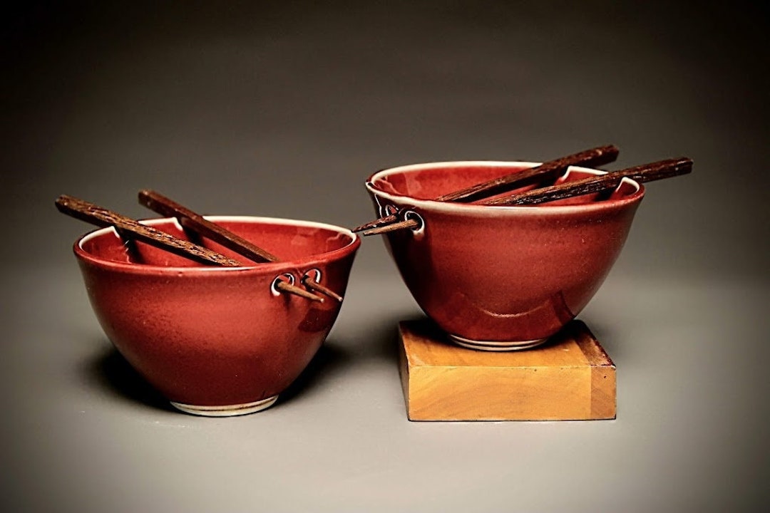 Handmade Red Rice Bowls With Chopsticks Pottery Ramen Bowl Pho Bowl