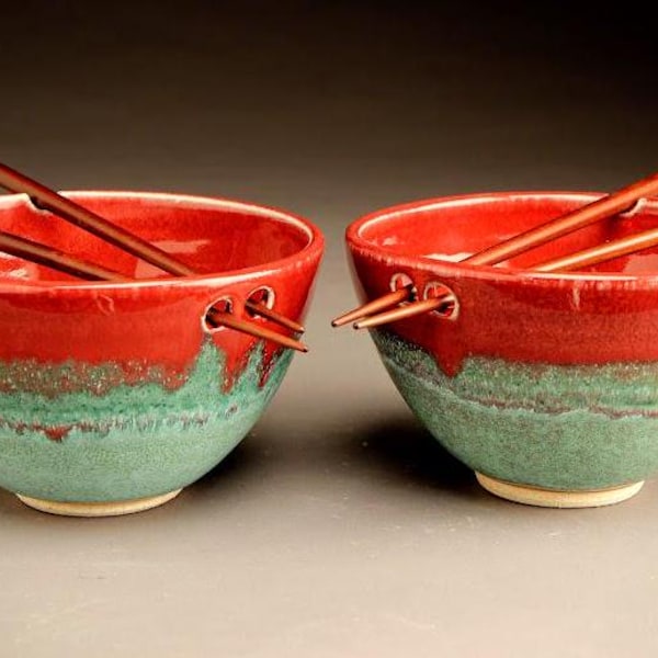 Handmade Red & Turquoise Rice Bowls with Chopsticks; Pottery; Ramen Bowl; Pho Bowl; Generous Size