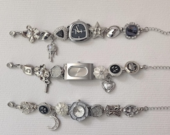 Star and Moon Silver Watch Bracelet,Personalized Wristwatch Jewelry,Unique Timepiece Choker Necklace for Women,Elegant Vintage Watch Chain