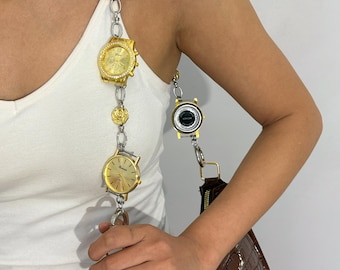 Vintage-geïnspireerde wijzerplaat tasketting, elegante gouden horlogeketting, portemonneeketting uniek accent, statement-sieraden, perfect cadeau voor haar