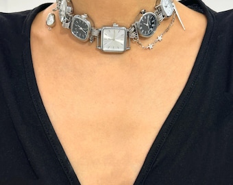 Alternativt klockhalsband, gotisk punk silverkedja klockchoker, stjärnspik berlock choker, unik klocka, rockerchic armband, moderiktig present
