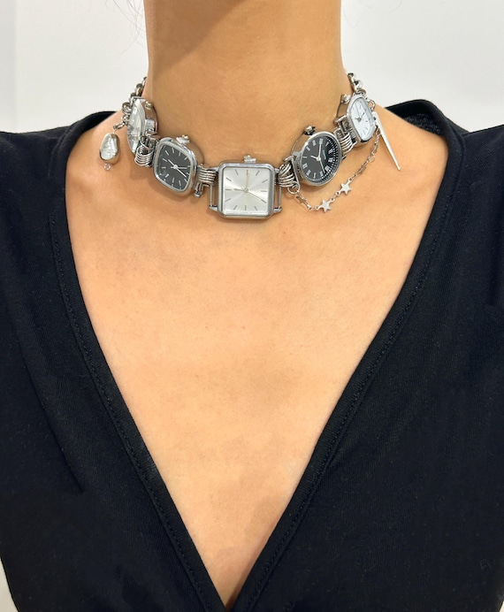 Alternative Watch Necklace,Gothic Punk Silver Chain Clock Choker,Star Spike Charm Choker,Unique Watch,Rocker Chic Wristwear,Fashionable Gift