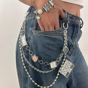 Corrente de calças com pingente de relógio de três camadas, cinto de corrente de relógio punk, joias steampunk artesanais, corrente de jeans, corrente de chaves, corrente de carteira de motociclista, corrente de cintura