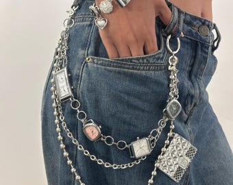 Three-Layer Watch Charm Pants Chain,Punk Clock Chain Belt,Handmade Steampunk Jewelry,Jeans Chain,Keys Chain,Biker Wallet Chain,Waist Chain