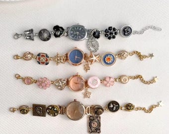 レトロパンクチャームウォッチブレスレット、花柄ハートアクセントクロックブレスレット、高級タロットペンダント、調節可能なゴールド＆シルバーチェーン、ハンドメイドアートギフト