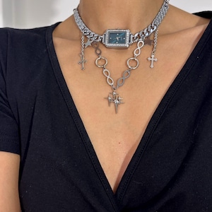 Silver Layered Chain Watch Necklace,Cross and Star Pendant Clock Necklace,Edgy Choker Jewelry,Gothic Punk Cross Charm Choker,Gift for Her