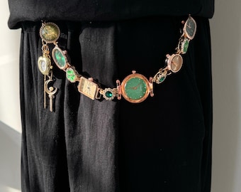 Handmade Green Watch Pants Chain,Multi-Functional Jeans or Bag Accessory,Fashion Watch Purse Chain,Multiple Gold Watchfaces, Perfect Gift