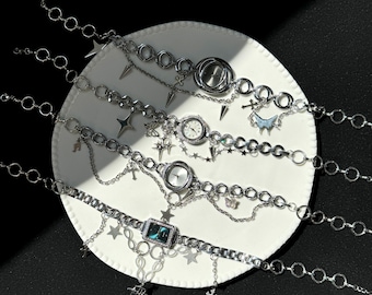 Punk Titanium Steel Watch Necklace,Y2K Layered Chain Watch Necklace with Charms,Retro Statement Timepiece Choker,Holidays Gifts