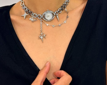 Gothic Punk Watch Necklace,Vintage Silver Chain Clock Choker,Star Butterfly Charm Choker,Unique Statement,Spiked Jewelry,Gift for Women