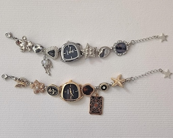 Vintage Punk Clock Bracelet,Gold & Silver Options Design,Tarot Pearl Charms Watch Bracelet,Edgy Streetwear Jewelry,Holiday Gift Idea