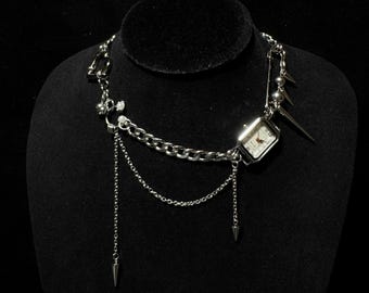 Edgy Punk Watch Choker Necklace,Unique Nose Ring Design with Paperclip Accent,Silver Chain Link,Handmade Alternative Jewelry,Unique Gift