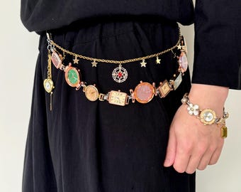 Vintage Colorful Watch Belt Pants Chain,Antique Star Waist Chain,Elegant Timepiece Chain,Unique Clock Waist Accessory,Biker Wallet Chain