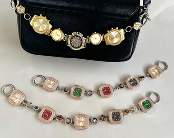 Vintage-Inspired Watch Charms Bag Chain | Colorful  Clock Purse Strap | Grunge Pearl and Gemstone Handbag Accessory | Unique Gift Idea
