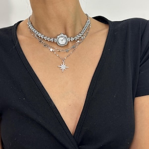 Silver Watch Pendant Necklace,Multi-Layer Punk Clock Choker,Gothic Star Pendant,Alternative Fashion Jewelry,Bold Statement Gift,Unisex Gift