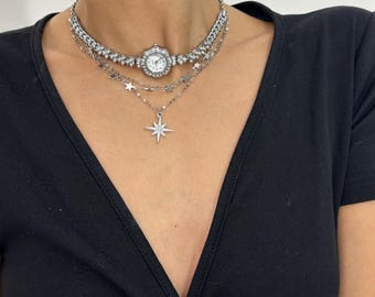 Zilveren horlogehanger ketting, meerlaagse punk klok choker, gothic ster hanger, alternatieve mode-sieraden, gewaagd statement cadeau, uniseks cadeau