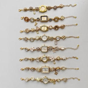 Handmade Vintage Gold Watch Bracelet,Elegant Tiger Eye Clock Bracelet,White Flower Charms,Unique Fashion Accessory,Jewelry Gift For Her