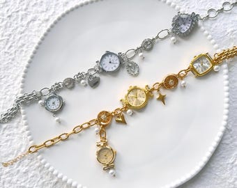 Vintage Handmade Watch Necklace,Silver and Gold Chain Clock Choker,Pearl and Diamond Charms,Handmade Timepiece Jewelry,Unique Gift for Her