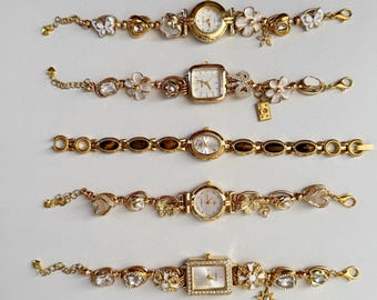 Handmade Vintage Gold Watch Bracelet,Elegant Tiger Eye Clock Bracelet,White Flower Charms,Unique Fashion Accessory, Everyday Jewelry Gift