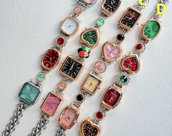 Handmade Four-Layer Watch Necklace,Vintage Colorful Gemstone Watch Charms,Unique Statement Piece,Elegant Watch Choker Necklace,Unique Gift
