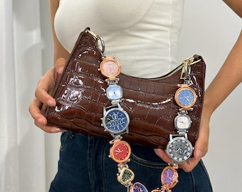 Vintage-Inspired Watch Face Bag Chain,Multicolor Clock Purse Chain,Punk Multi-Watch Bag Strap, Luxury Punk-Inspired Accessory,Perfect Gift