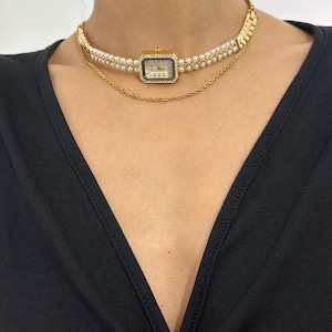Minimalist Pearl Watch Necklace,Vintage Double-Layer Chain Choker Necklace,Gold Chain Clock Necklace,Handmade Designer Jewelry,Perfect Gift