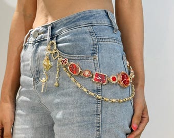 Retro Red Watch Pants Chain,Gold Fashion Watch Bag Chain,Chic Clock Jeans or Purse Strap,Multi-Functional Timepiece Belt,Unique Fashion Gift