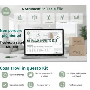 May include: A laptop displaying a moving kit with the text "KIT TRASLOCO PERFETTO 2026". The image includes icons and text in Italian, along with two cardboard boxes labeled "HOME". A green pen is on the table.