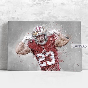 Póster de los San Francisco 49ers de Christian McCaffrey, arte de pared, impresión de fútbol americano, NFL, lienzo enmarcado, decoración del hogar, regalo de cumpleaños M71