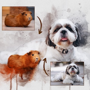 May include: Watercolor-style artwork featuring a Shih Tzu dog with a guinea pig. The dog is white with black markings and a pink tongue. Two inset images show the dog and guinea pig. The background has watercolor splatters.